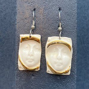 Dangle Pierced Earrings Face Ceramic Handmade Cream Gold Silver Hook